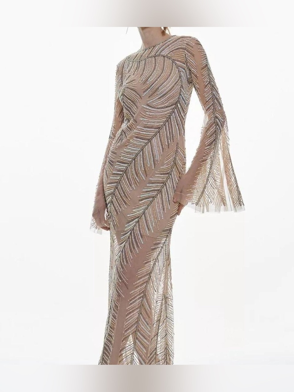 Karen Millen Nude sequin embellished maxi dress long sleeve, lined size 4 NEW - Picture 5 of 5